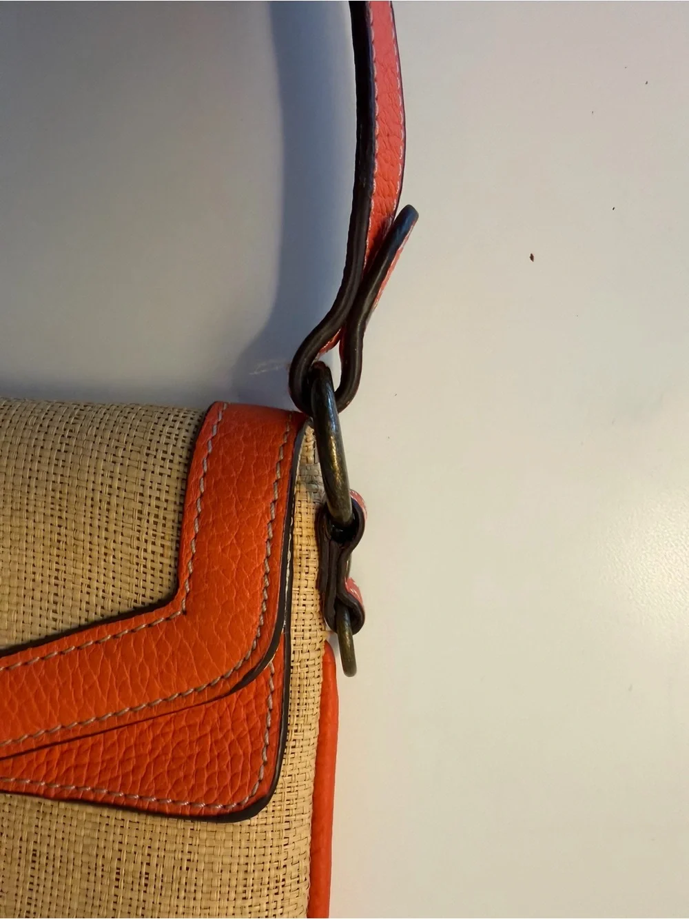 J Crew Woven Straw Shoulder Bag with Orange Leather Trim